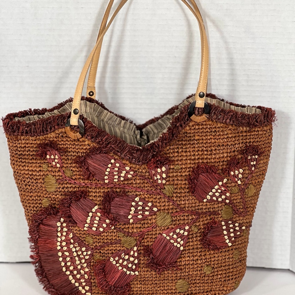 Jamin Puech Raffia Woven Tote Bag Embroidered Floral Pattern Leather Handles